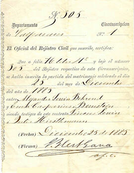 Certificado de partida de matrimonio entre Alejandro Lewin y Ema Casparius