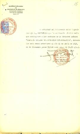 Certificado de acciones pertenecientes a Willy Kychenthal en Compañía Chilena de Navegación Interoceánica