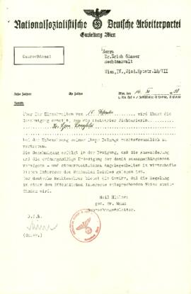 Comunicación dirigida al abogado Sr. Dr. Enrich Glaser en el que se le otorga el permiso para representar al no-ario Dr. Egon Rosenfeld